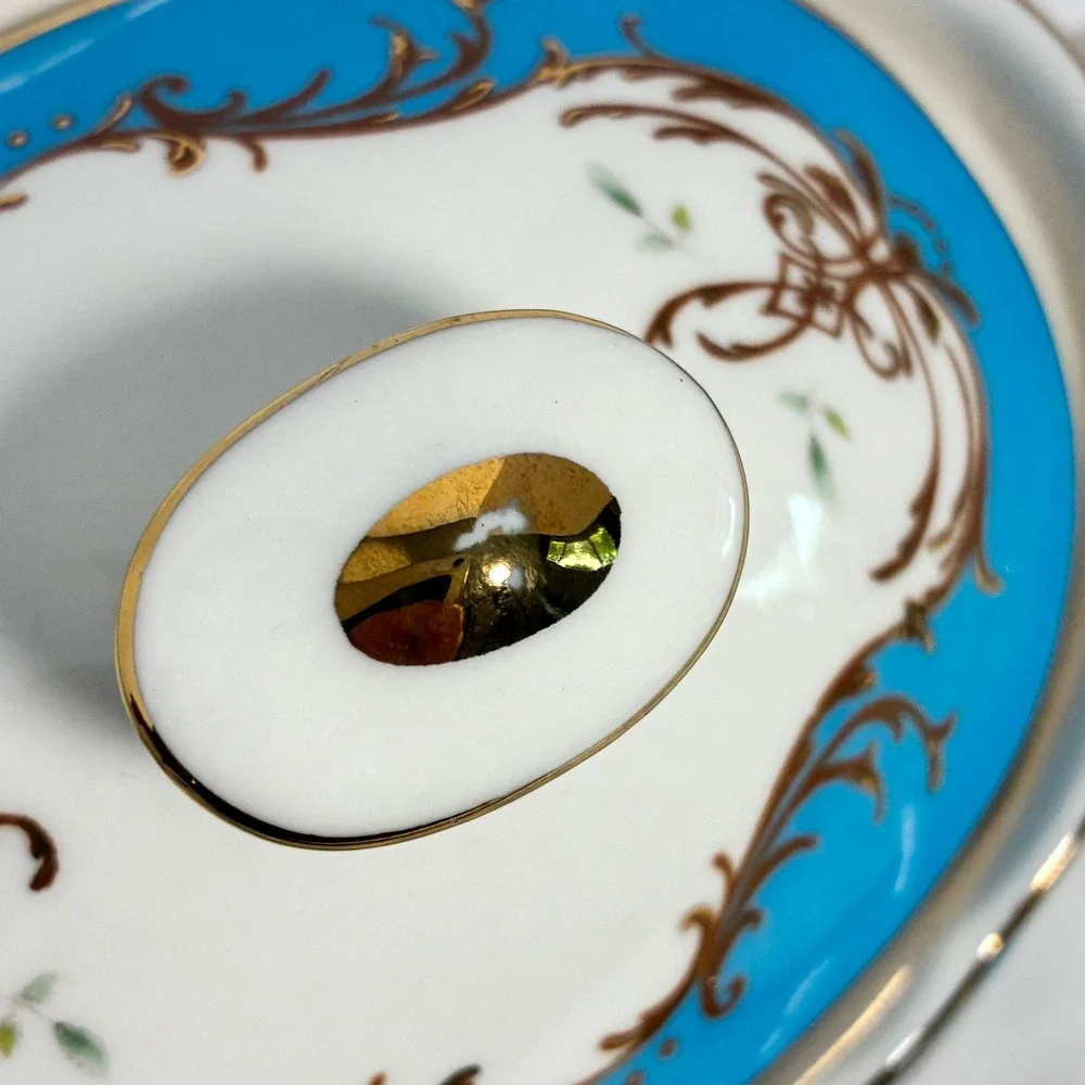 Grace Teaware Teapot Turquoise Gold Bird Filigree Scalloped Grandmillennial
